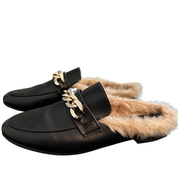 Coconuts by Matisse Faux Fur Chain Slip-On Loafers | Black Leather Mules - Picture 4 of 7